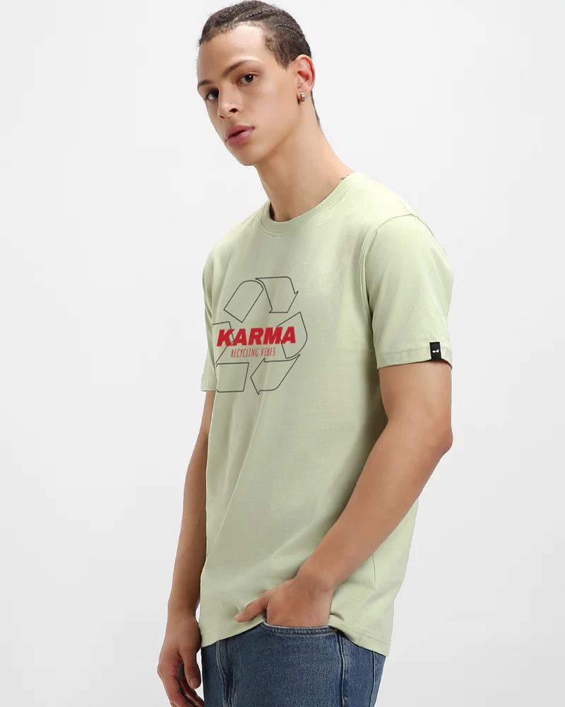 bewakoof Men's Fog Green Karma Graphic Printed T-shirt